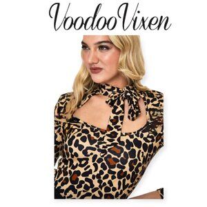 Voodoo Vixen Leopard Print Tie Neck Top NWT Medium Retro Vintage Rockabilly Chic